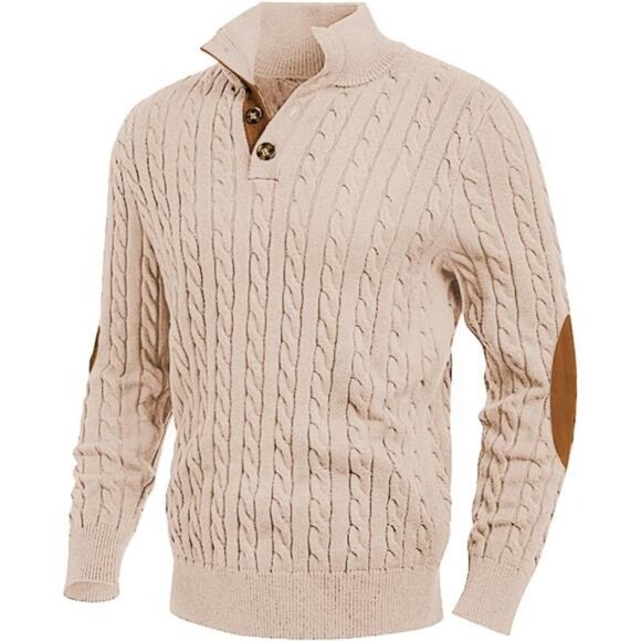 Mens Cable Knit Pullover Sweater Long Sleeve Stand Collar Button